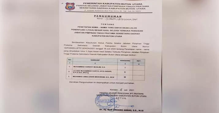 Ini Nama Tiga Besar yang Lolos Seleksi Sekda Butur